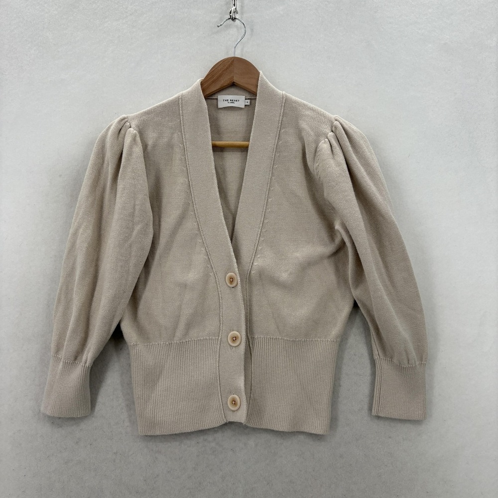 The Reset R Label Cardigan Sweater Womens S Beige Silk Blend V Neck Puff Sleeve